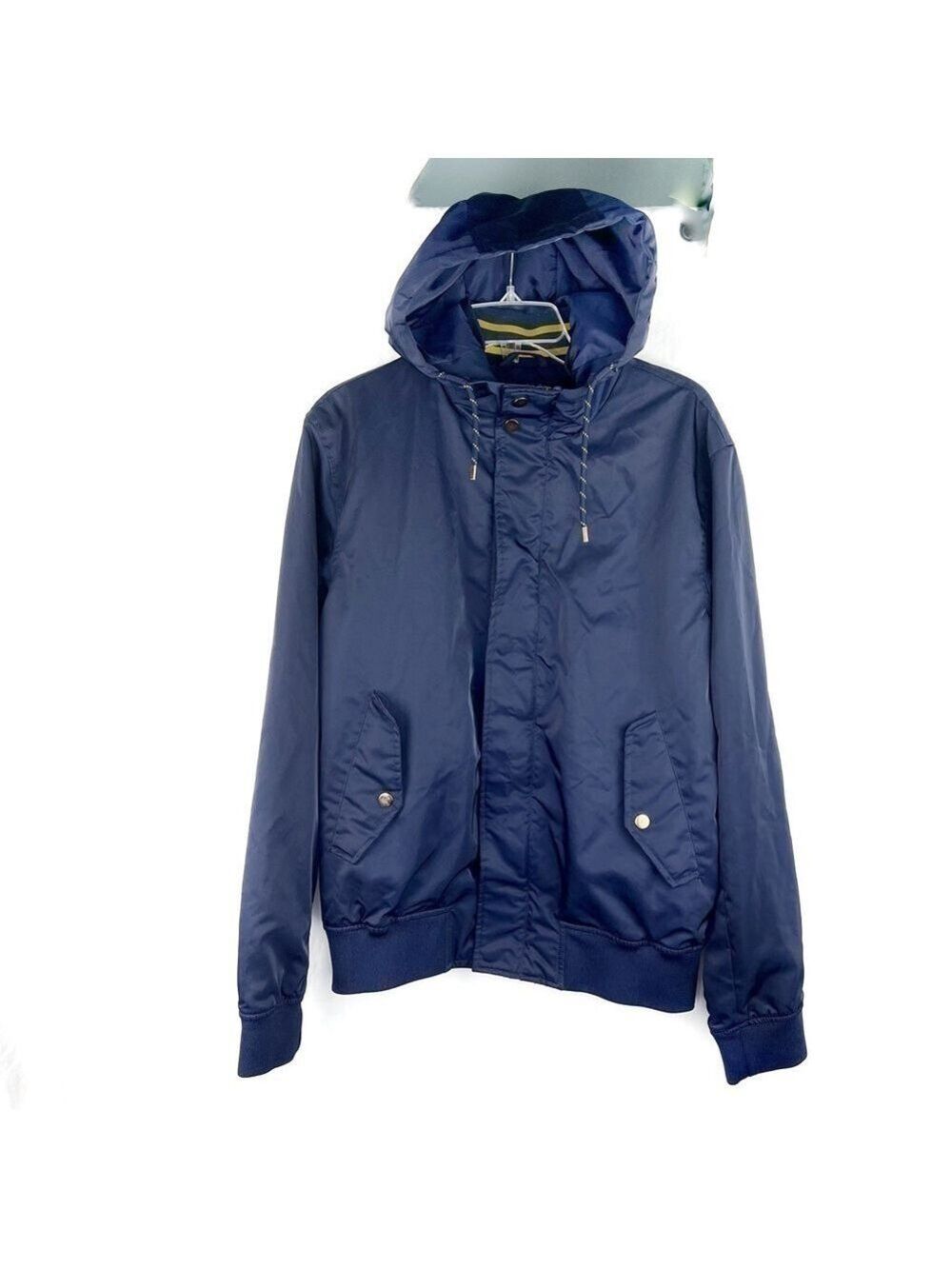 EUC- Zara Man Hooded Varsity Stripe Inside Navy Blue Bomber Jacket Size Large
